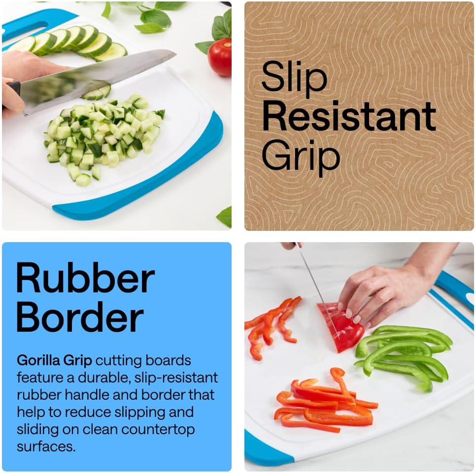 GORILLA GRIP BPA-Free Reversible Kitchen Cutting Board Set of 3, US Designed, Nonporous, Juice Grooves Catch Liquid, Slip Resistant Border, Dishwasher Safe, Durable Large Food Chopping Boards, Black