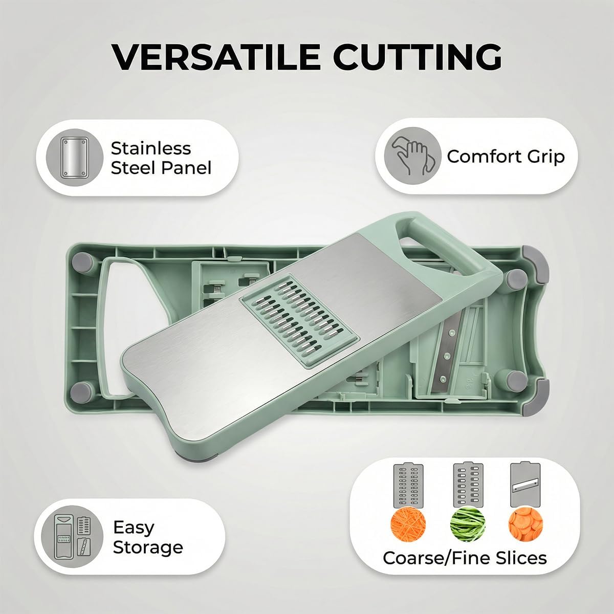 NACOLUS 5 In 1 Mandoline Slicer with Slide-On Hand Guard - Vegetable Slicer, Carrot Shredder,Safe Potato/Garlic Slicer Vegetable Cutter, Waffle Fry Cutter (Green, 5-in-1)