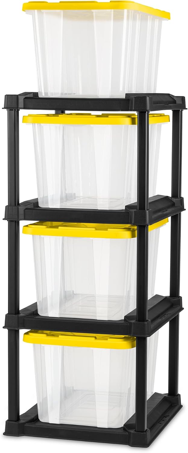 Sterilite 4-Pack 27 Gallon Industrial Storage Tote, Heavy-Duty Plastic Bins, Black/Yellow - Stackable Utility Organizers with Lids for Garage, Camping Tools, and Outdoor Gear