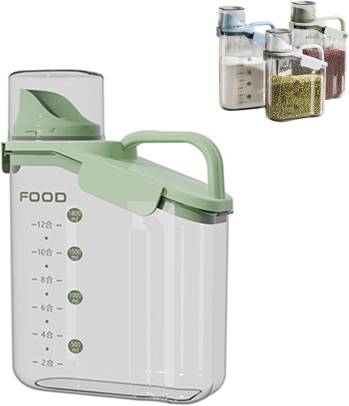 Cereal Containers Dispenser Rice Storage Container Clear Food Storage Containers Measuring Cup Pour Spout With Lids Airtight For Kitchen Grain Dry Food Pet Dog Food Organization（Green 2L）