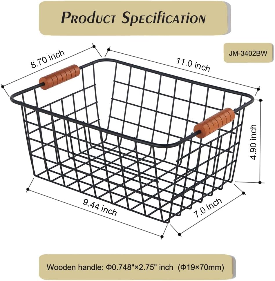JUNCHU CHERRY Wire Kitchen Storage Basket 4 Packs,Perfect Pantry Organization Accessories Baskets,Laundry Basket,With a Wooden handle,Suitable for Kitchen,Bathroom,Bedroom,Tabletop,Stackable,Black