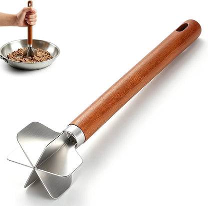 Kyraton Meat Chopper, Stainless Steel Hamburger Grinder With Wood Handle, Premium Heat Resistant Smasher for Ground Beef, Burger Potato Masher Mix Tool, Meat & Poultry Tenderizers