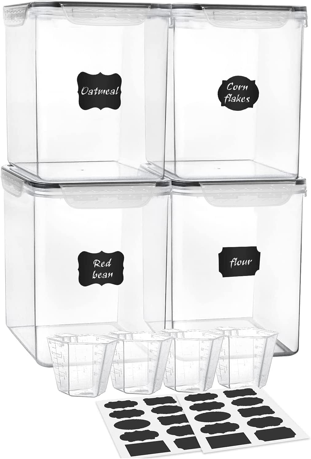 M MCIRCO Extra Large 7qt / 6.5L/220oz Tall Food Storage Containers, WIDE & DEEP, 4-Piece Plastic Airtight Kitchen Pantry Storage Containers for Flour, Sugar, with 4 Measuring Cups,20 Labels