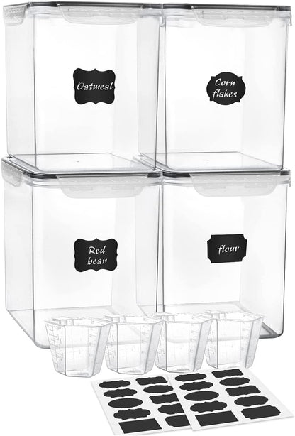 M MCIRCO Extra Large 7qt / 6.5L/220oz Tall Food Storage Containers, WIDE & DEEP, 4-Piece Plastic Airtight Kitchen Pantry Storage Containers for Flour, Sugar, with 4 Measuring Cups,20 Labels
