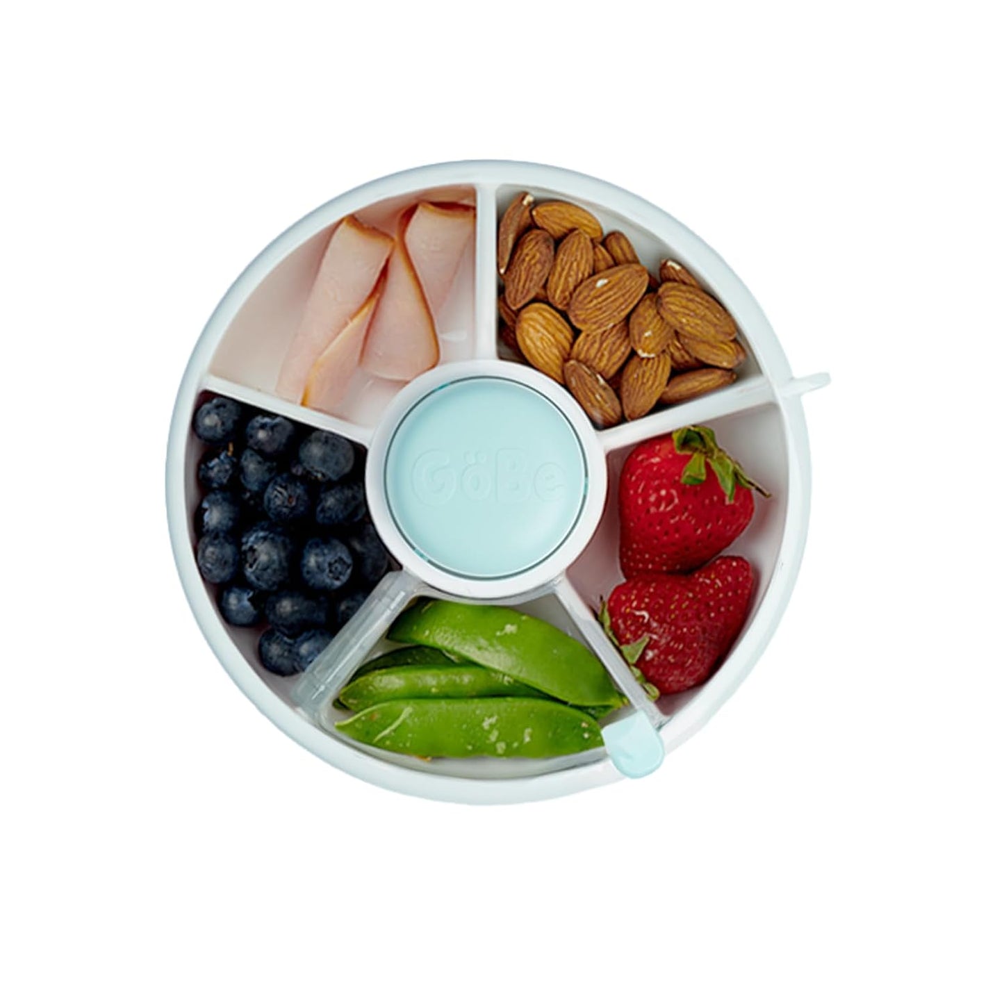 GoBe Kids Small Snack Spinner Flip Bundle with Hand Strap and Sticker Sheet - Reusable Snack Container with 5 Compartment Dispenser and Lid | BPA/PVC Free | Dishwasher Safe | No Spill- Mint Green