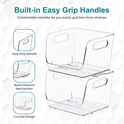 Basicwise 9-Inch Open-Front Clear Storage Bin with Easy-Grip Handle Stackable Transparent Plastic Organizer Container for Pantry Cabinet Refrigerator Drawers Closets and Shelf Organization, Medium