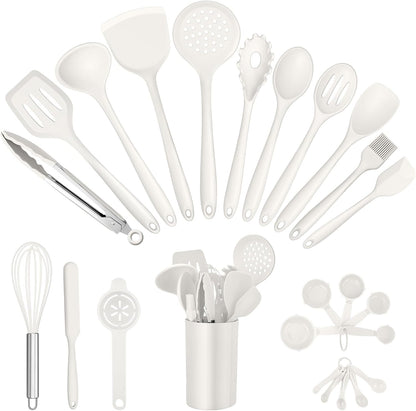 E-far Silicone Cooking Utensils Set, 25 Piece Kitchen Utensils with Holder, Non Toxic Kitchen Tools Spatula, Turner, Spoon, Ladle for Nonstick Cookware, Heat Resistant & Dishwasher Safe - Black