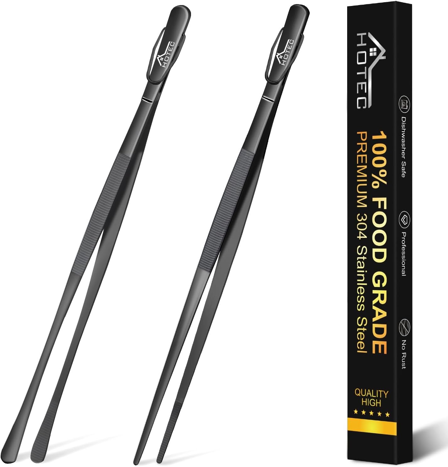 HOTEC Kitchen Tweezers Tongs Stainless Steel Professional Chef Tweezers, Set of 3-6.3", 10" and 12inch Food Tongs for Cooking, Repairing, Dessert, BBQ, Meat, Pasta