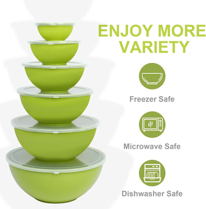 BoxedHome BPA Free Plastic Round Mixing Bowl with Lids, 12 Pack Nesting Bowls with Lids Set, Microwave and Dishwasher Safe Prep & Serving Bowls Great for Mixing, Baking, Serving (pinkish green, 12pcs)