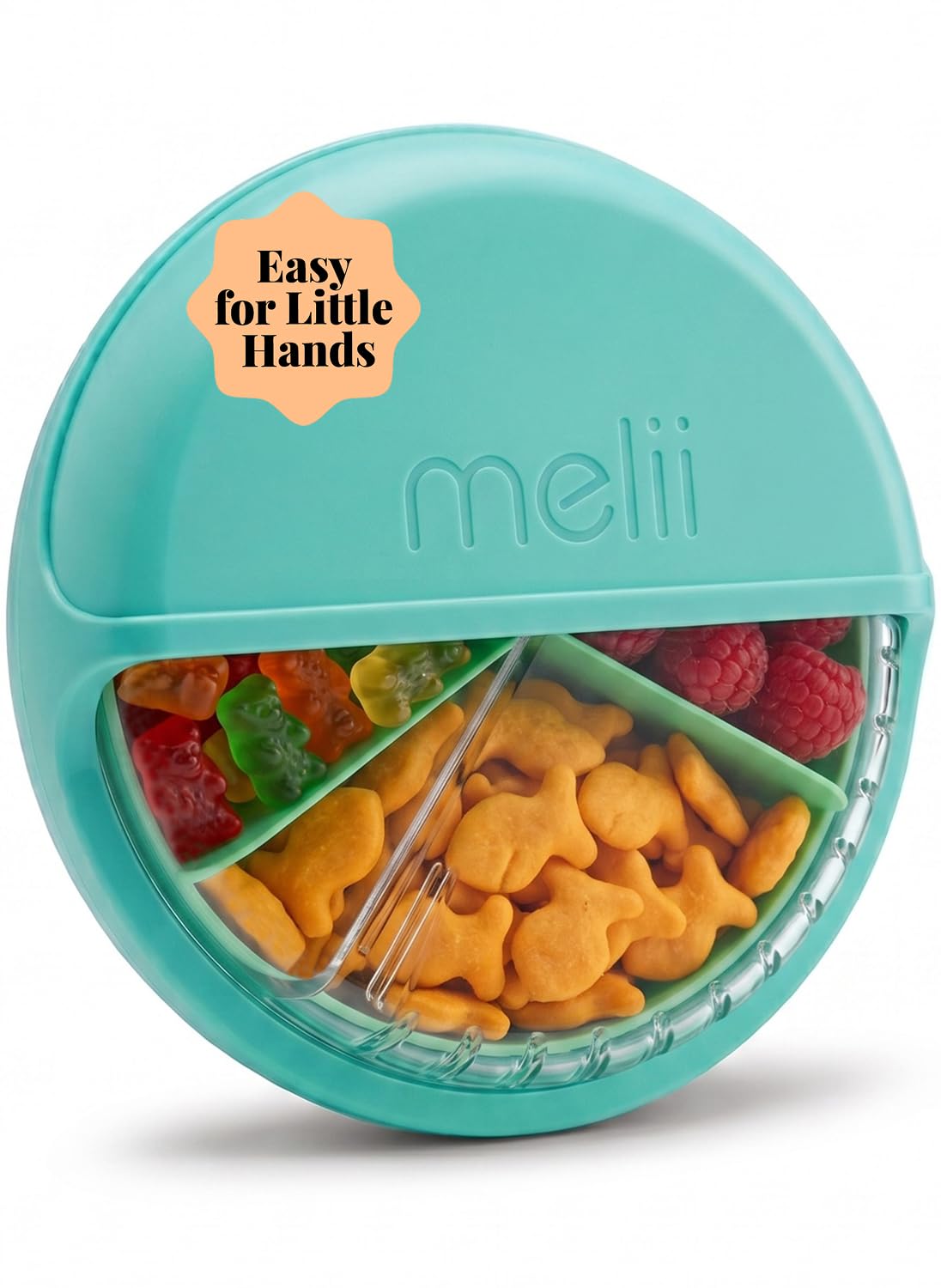 melii Spin Snack Container | 3-Compartment Rotating Snack Box with Sliding Window, BPA-Free, Dishwasher Safe, Portable Snack Container for Kids Ages 3+ (Blue)