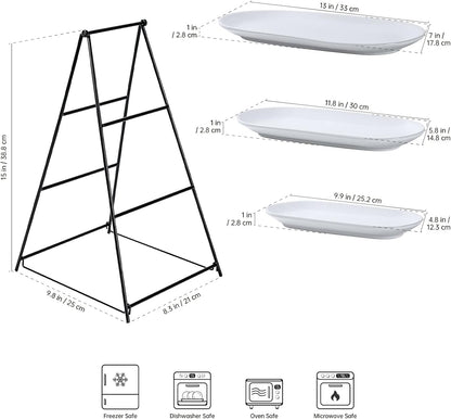 UNICASA Serving Bowls Set, 2 Tier Chip and Dip Bowls with Metal Rack Stand for Fruit, Salad, Candy, Snacks - Ceramic Tiered Appetizer Serving Dishes Food Display Stand for Parties, Kitchen
