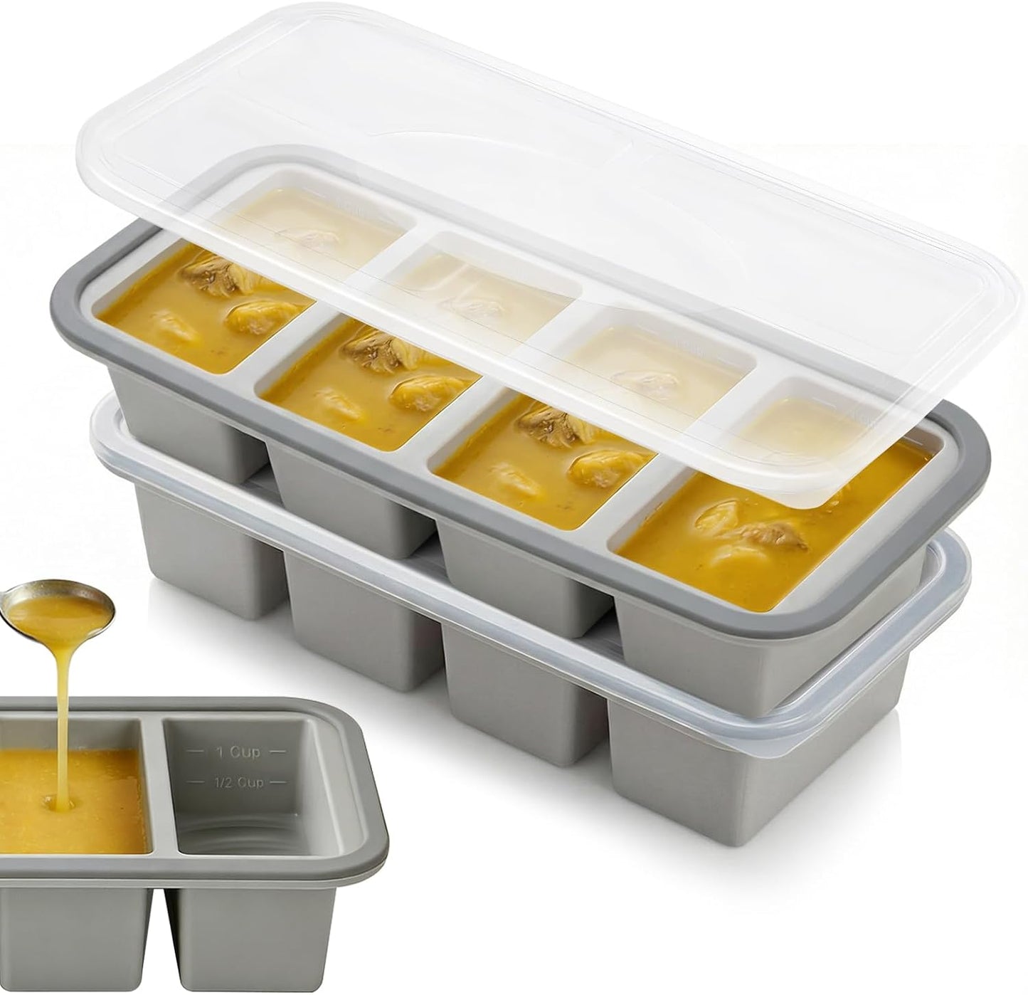 Tvmania 2-Pack Silicone Freezer Tray with Lid - 1 Cup / 4 Compartment Soup Freezer Container for Broth, Sauce & Meal Prep - Large Ice Cube Tray for Whiskey - Stackable, Easy Release, Oven Safe