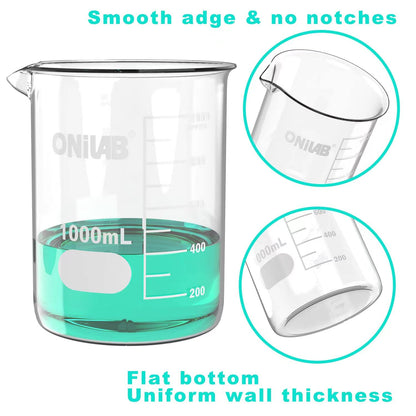 ONiLAB Glass Measuring Beaker Set 50ml 100ml 250ml (Pack of 3) 3.3 Boro Griffin Low Form with Printed Graduation Scientific Glassware for Laboratories, Classrooms or Home Use 13900244
