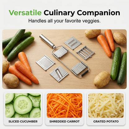 4-in-1 Vegetable Slicer, Handheld Mandoline Cutter with Stainless Steel Guard, Adjustable Thickness Onion Slicer, Sharp Veggie Shredder for Kitchen Fruit Cutting, Silver