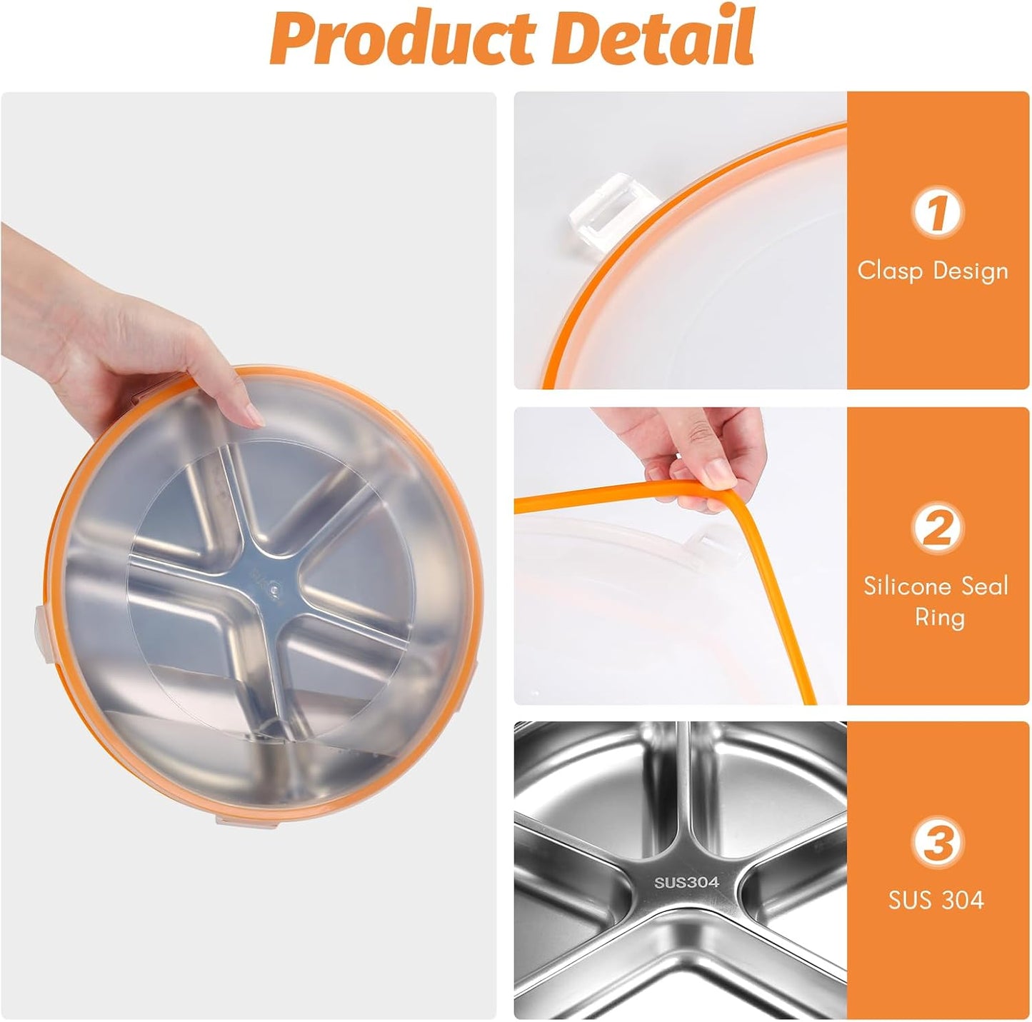 Divided Serving Tray with Lid SUS 304 Snackle Box Reusable Veggie Tray Serving Plate with 4 Forks Stainless Steel Snack Platter for Picnic Party and Travel 5 Compartments
