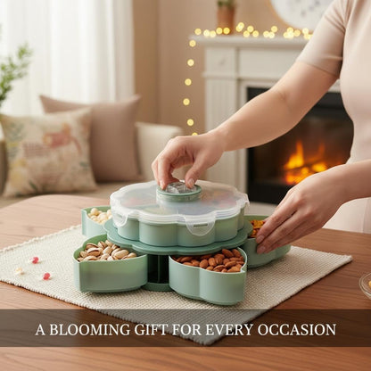 Divided Serving Tray that Spins - Perfect for Snacks, Dips & Party Appetizers,Rotating Snack Box Container with Lid,Double-Layer Lazy Susan Organizer Veggie Fruit Tray for Kitchen,Travel and Picnic