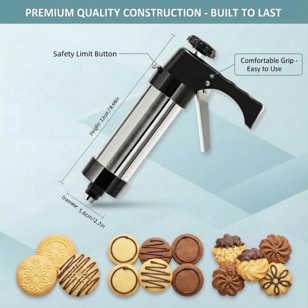 Stainless Steel Cookie Press Gun Kit, 13 Discs & 8 Piping Tips