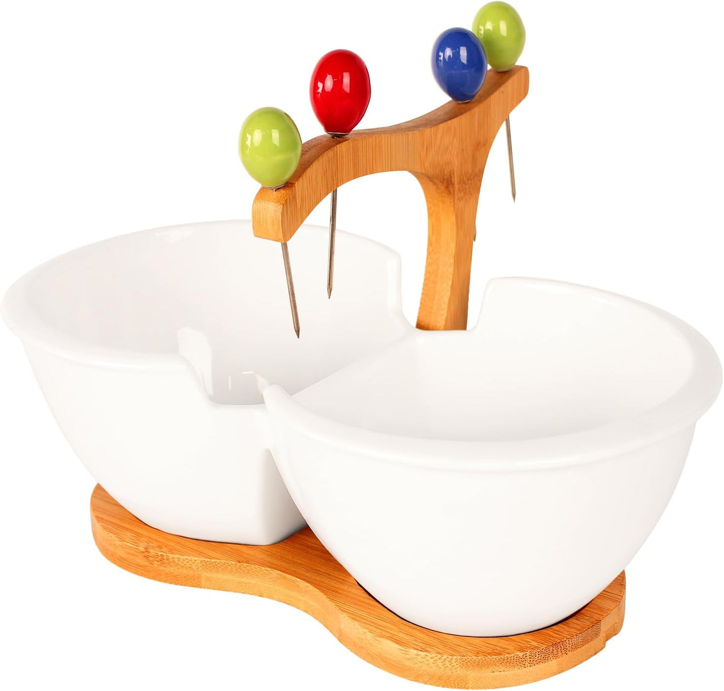 Chip and Dip Bowl Serving Set, Ceramic White Divider Bowl with bamboo base and 4 pcs forks, 34 Oz Seasonings side dishes Bowl Buffet Serving Set, for Entertainment parties, leisure