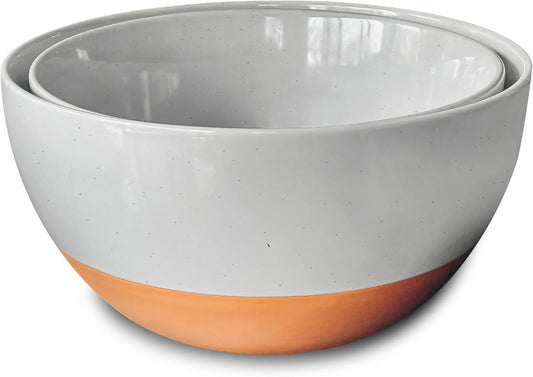 Mora Ceramic Large Mixing Bowls - Set of 2 Nesting Bowls for Cooking, Serving, Popcorn, Salad etc - Microwavable Kitchen Stoneware, Oven, Microwave and Dishwasher Safe - Extra Big 2.5 & 1.6 Qt - White