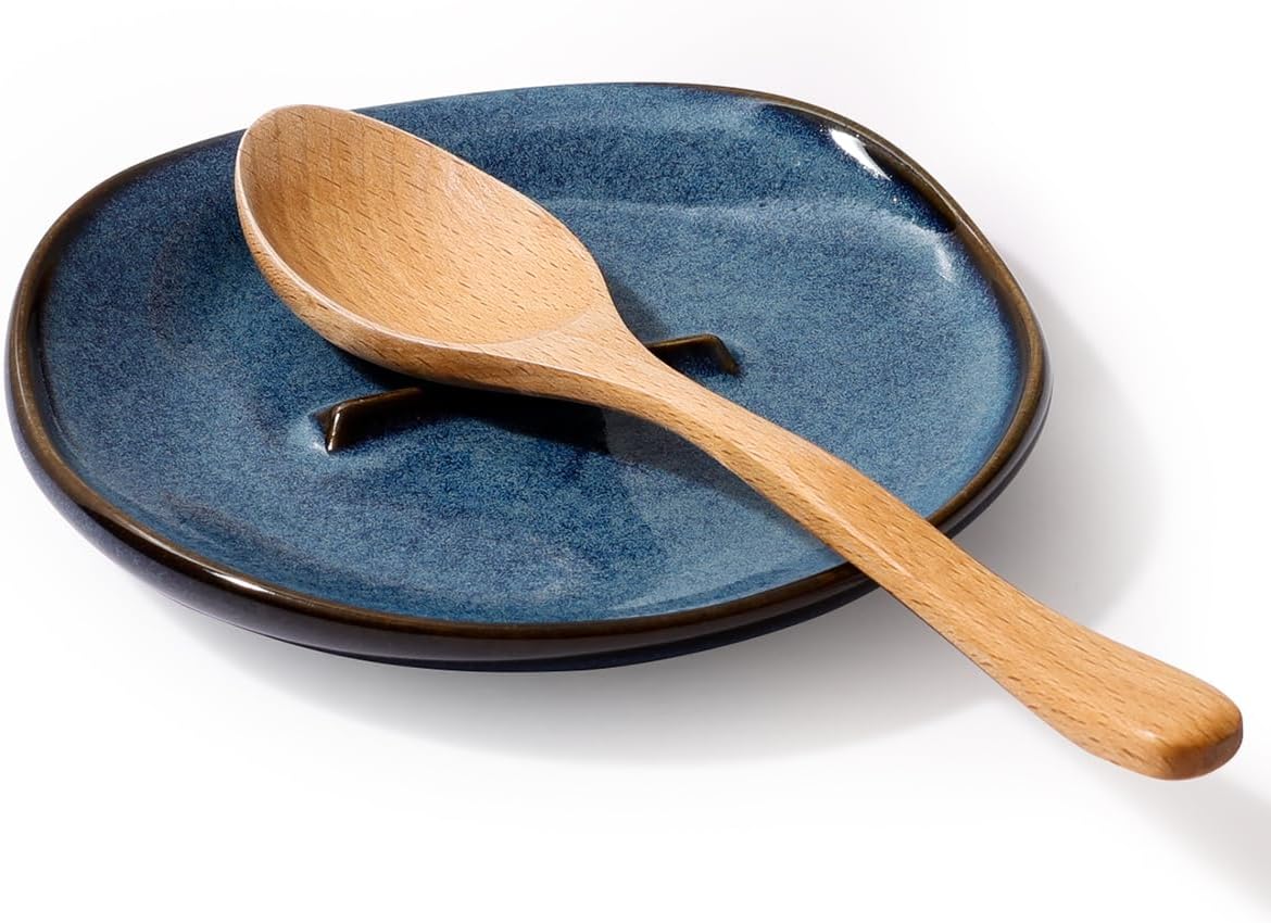 Ceramic Spoon Rest with Egg Cracker, Reactive Glaze Blue