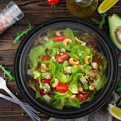 48oz Disposable Black Meal Prep/Bento Box with Clear Dome Lids - Round Plastic Meal Containers - Leak Proof and Reusable Box : Perfect For Salad, Meal Prep and Fruits : Set of 10