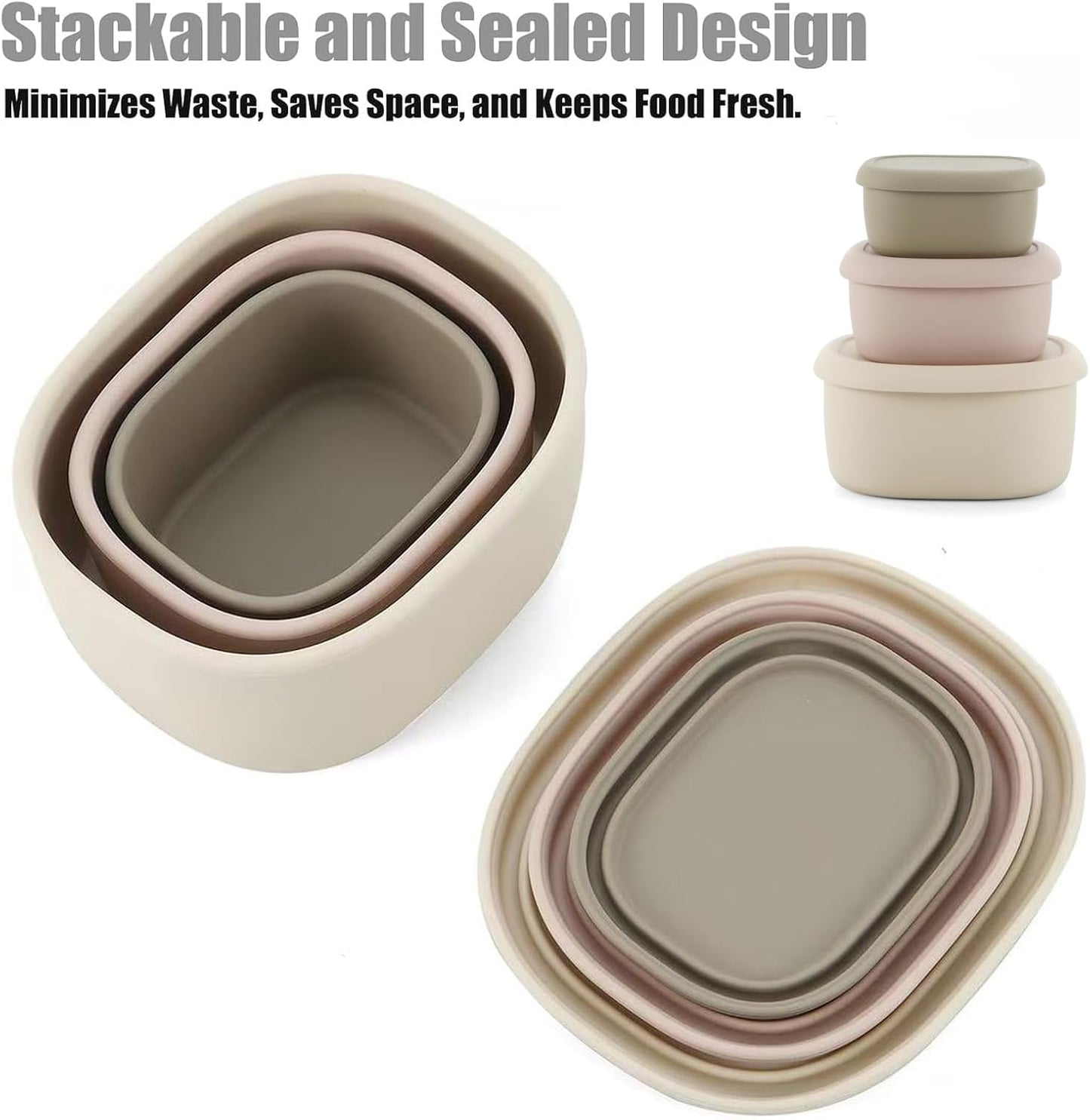 Emptycolor 3 Pack Silicone Snack Containers with Lids Reusable Silicone Food Storage Containers, Leak Proof Stackable Bento Lunch Box for Adults, Microwave, Dishwasher and Freezer Safe