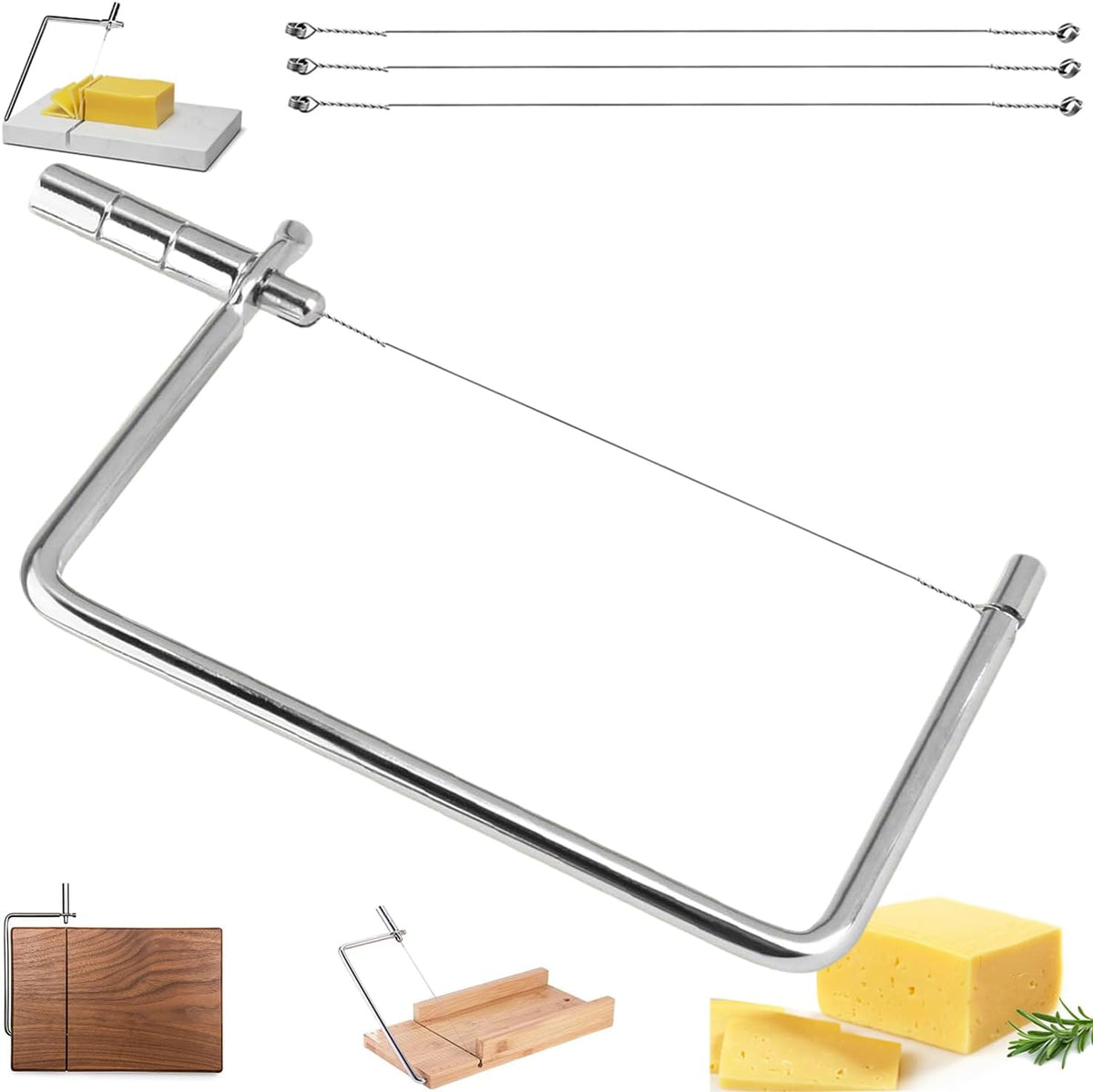 Cheese Slicer Accessories Kitchen Marble Board Cheese Cutter Stainless Steel Components Ideal Making Giftable Cheese Cutting Boards with The Cheese Slicer Kit (4CheesS slicer 12Extra Wires,6inch)
