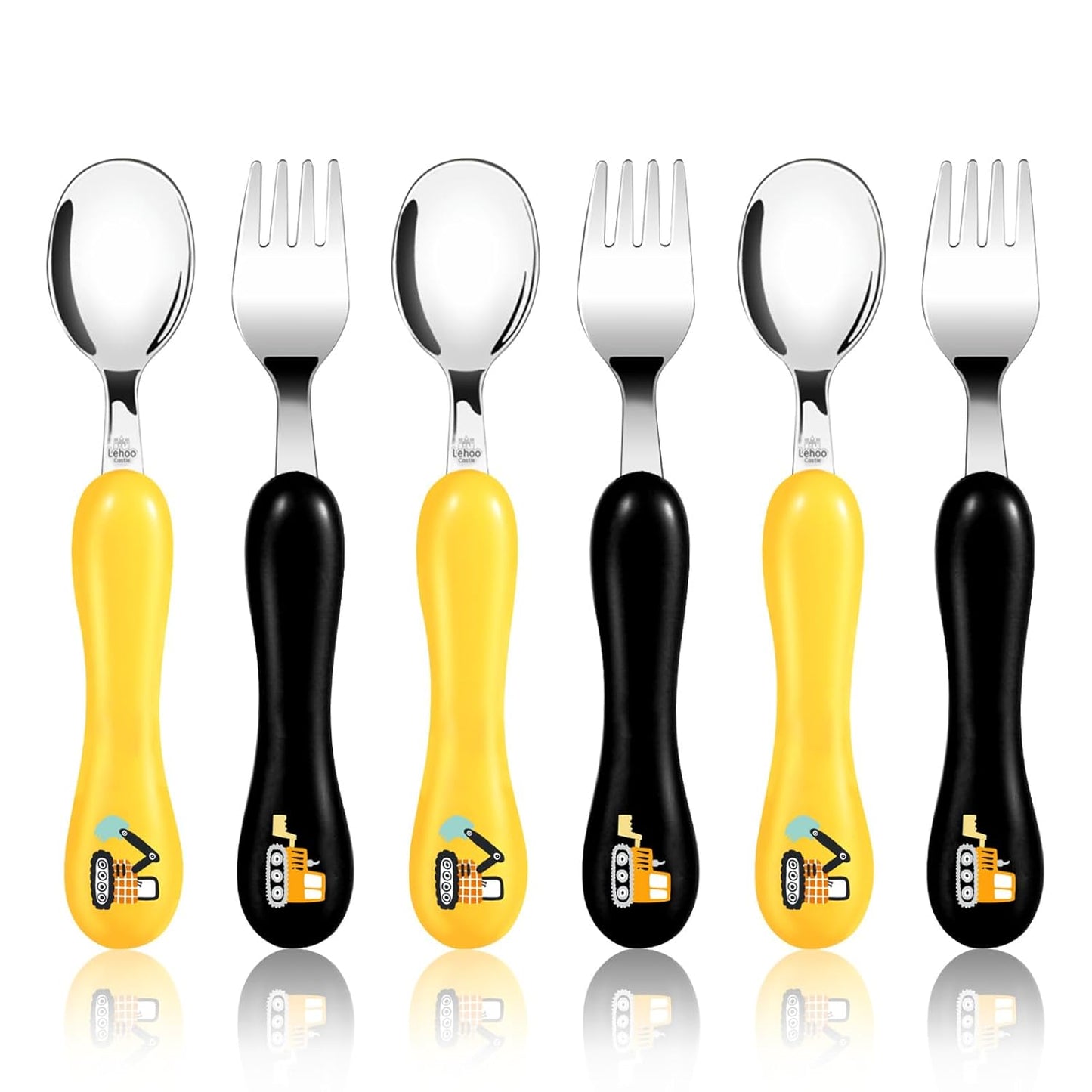 Lehoo Castle 6 Pieces Toddler Utensils, Kids Silverware for 2 3 4 Years Old, Stainless Steel Fork and Spoon Set with Plastic Handle, Safe Toddler Cutlery (Dinosaur)