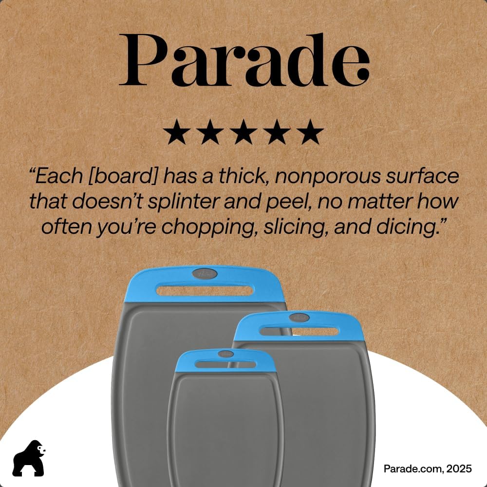 GORILLA GRIP BPA-Free Reversible Kitchen Cutting Board Set of 3, US Designed, Nonporous, Juice Grooves Catch Liquid, Slip Resistant Border, Dishwasher Safe, Durable Large Food Chopping Boards, Black