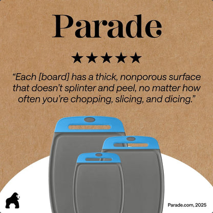 GORILLA GRIP BPA-Free Reversible Kitchen Cutting Board Set of 3, US Designed, Nonporous, Juice Grooves Catch Liquid, Slip Resistant Border, Dishwasher Safe, Durable Large Food Chopping Boards, Black