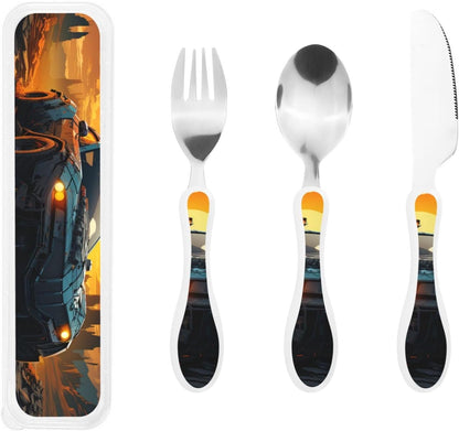 3-Piece Kids Silverware Set With Storage Case, Stainless Steel Reusable Children Safe Knife Spoon Fork Set Blue Active Girl Running Sunset Children Flatware Set For Kids Lunch Box - Colors A