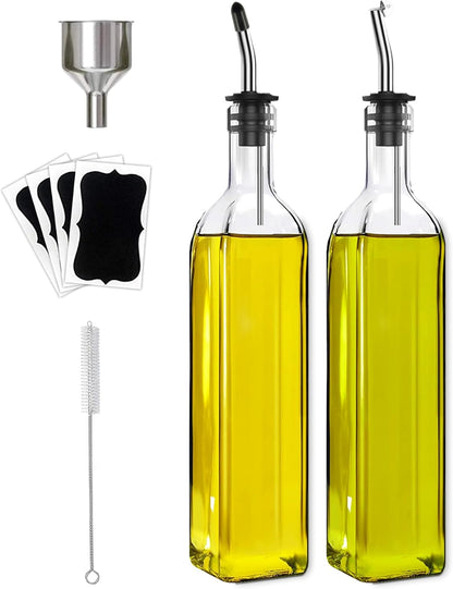 Leaflai Olive Oil Dispenser Bottle, Glass Olive Oil Dispenser and Vinegar Dispenser Set with Stainless Steel Pourers, 4 Labels,1 Brush and 1 Funnel Oil Bottles for Kitchen (500ml)