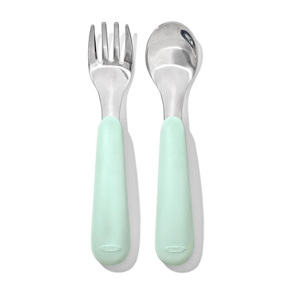 OXO Tot On-The-Go Fork and Spoon Set with Blossom and Opal Travel Cases, Stainless Steel Utensils for Kids