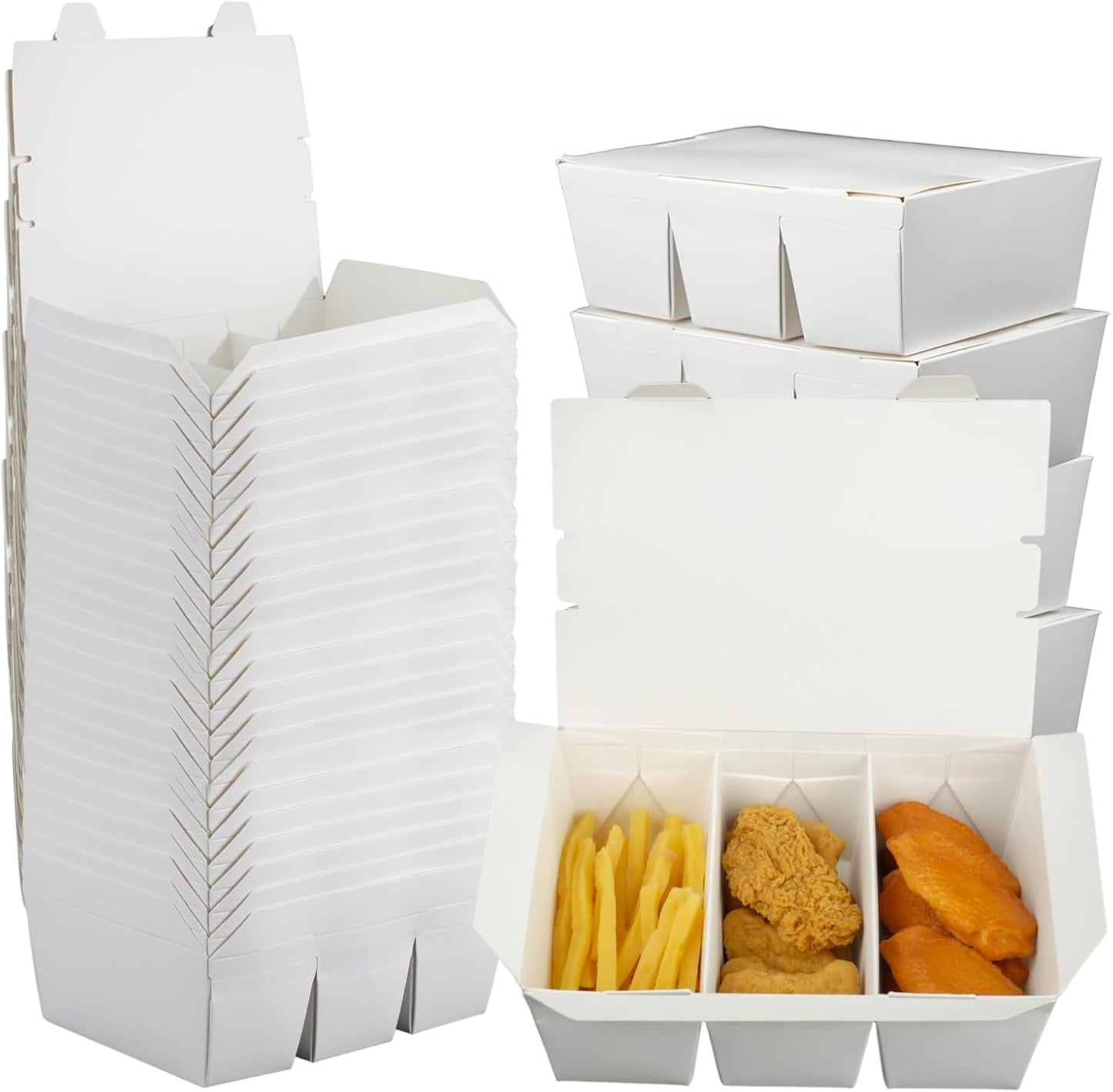30 Pack 3 Compartment Take Out Food Containers, 7.5x5.4x2.6" Bamboo Pulp Paper Take Out Boxes, Disposable To Go Container Take Out Containers, Greaseproof Paper Bento Box Takeout Lunch Boxes with Lid