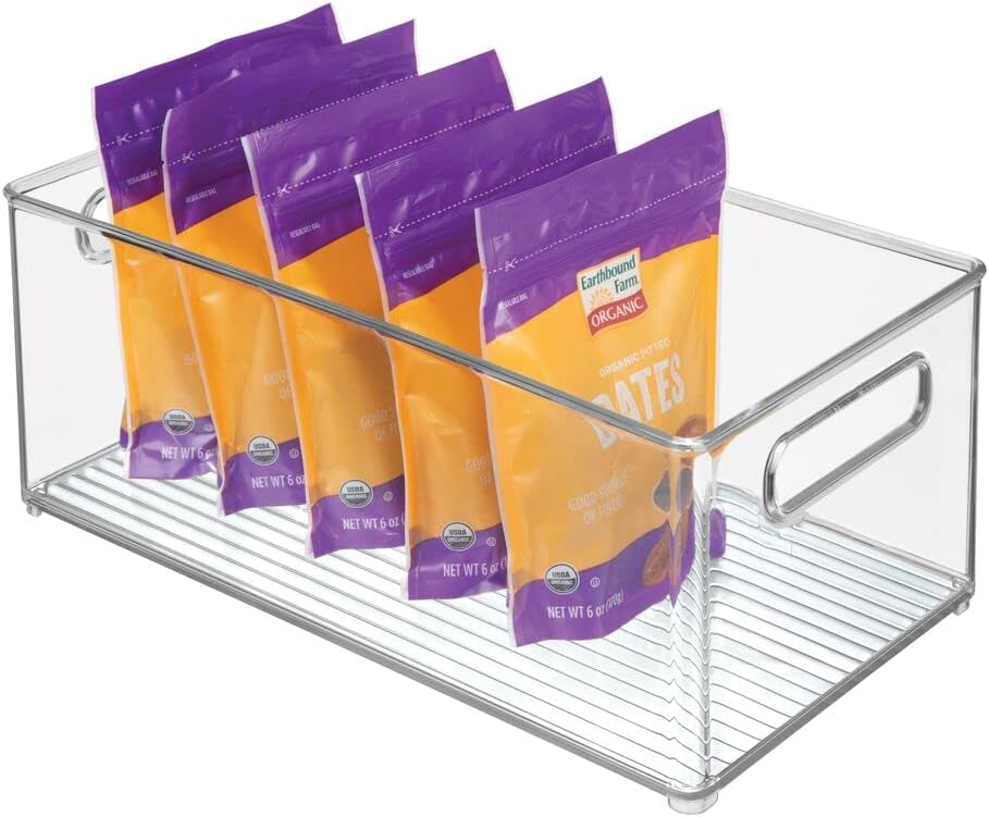 mDesign Stackable Plastic Food Storage Bin with Handles for Kitchen Pantry, Cabinet, Refrigerator, Freezer - Organizer for Fruit, Yogurt, Squeeze Pouches - BPA Free, 10" Long - Clear