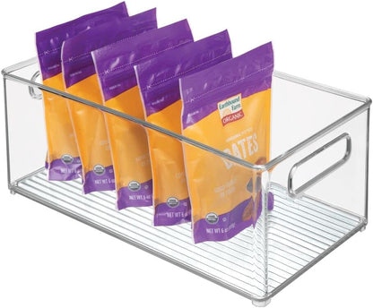 mDesign Stackable Plastic Food Storage Bin with Handles for Kitchen Pantry, Cabinet, Refrigerator, Freezer - Organizer for Fruit, Yogurt, Squeeze Pouches - BPA Free, 10" Long - Clear