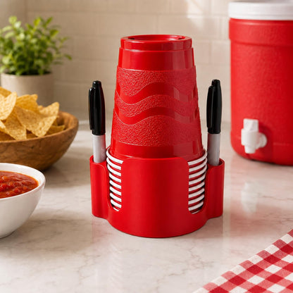 Party Cup Dispenser with Marker Holder – Stackable Plastic Cup Organizer for Parties, Events, BBQs, Picnics, Graduations & Drink Stations, Cup and Marker Caddy, Black (Red)
