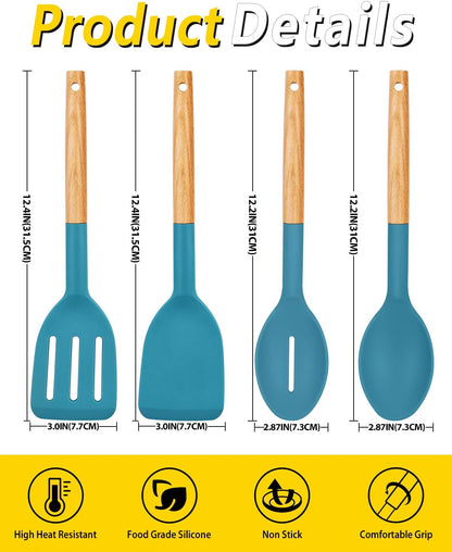 Pack of 4 Silicone Cooking Utensils Set, Non Stick Solid Spatulas and Heat Resistant Slotted Spoons with Wooden Handle, Ideal Wood Kitchen Utensils Set for Frying,Serving,Turning,Stirring (KHAKI)
