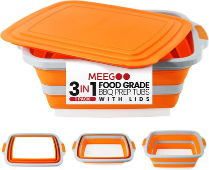 BBQ Prep Tub 3-IN-1 Large 16L Collapsible Cutting Board with Locking Lid for Meal Prep Marinating Food, Camping Sink with Colander, Dish Basin, Storage Blanket for Camping Picnic BBQ, Black