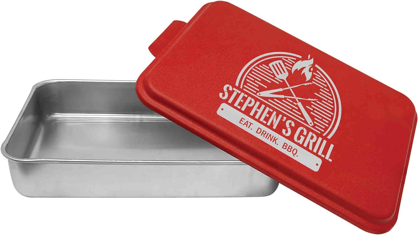 Personalized BBQ Prep Tub/Pan with Lid | Grilling Gift For Men | Mess Free Way Of Prepping Meat and Makes A Great Food Storage Container | Father's Day Gift