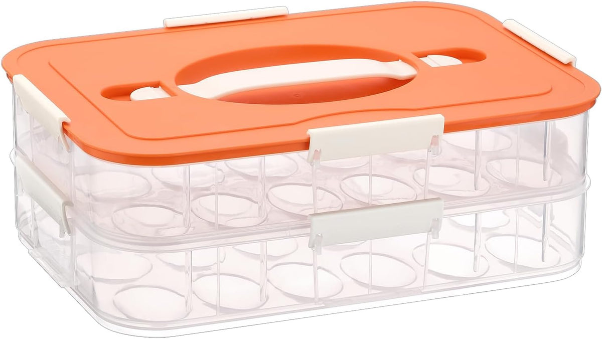 BTSKY Deviled Egg Platter with Lid, 3-Layer 54 Slots Deviled Eggs Carrier, Clear Portable Egg Holder for Fridge Reusable Deviled Eggs Tray Carton Box for Easter and Party Favor (3-Layer, Orange)
