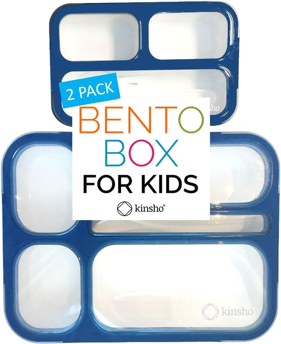 kinsho Bento Lunch-Box Set for Kids includes Snack Container | 6 and 3 Compartment Boxes Leakproof School Bentos, Meal Portion Control Containers, Boys Girls Adults, Navy Blue Large + MINI 2 Pack Set