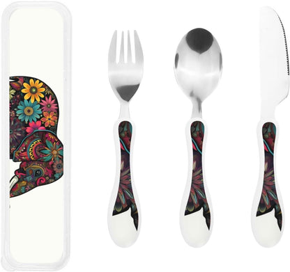 3-Piece Kids Silverware Set With Storage Case, Stainless Steel Reusable Children Safe Knife Spoon Fork Set Dragonfly Insects Flowers Children Flatware Set For Kids Lunch Box
