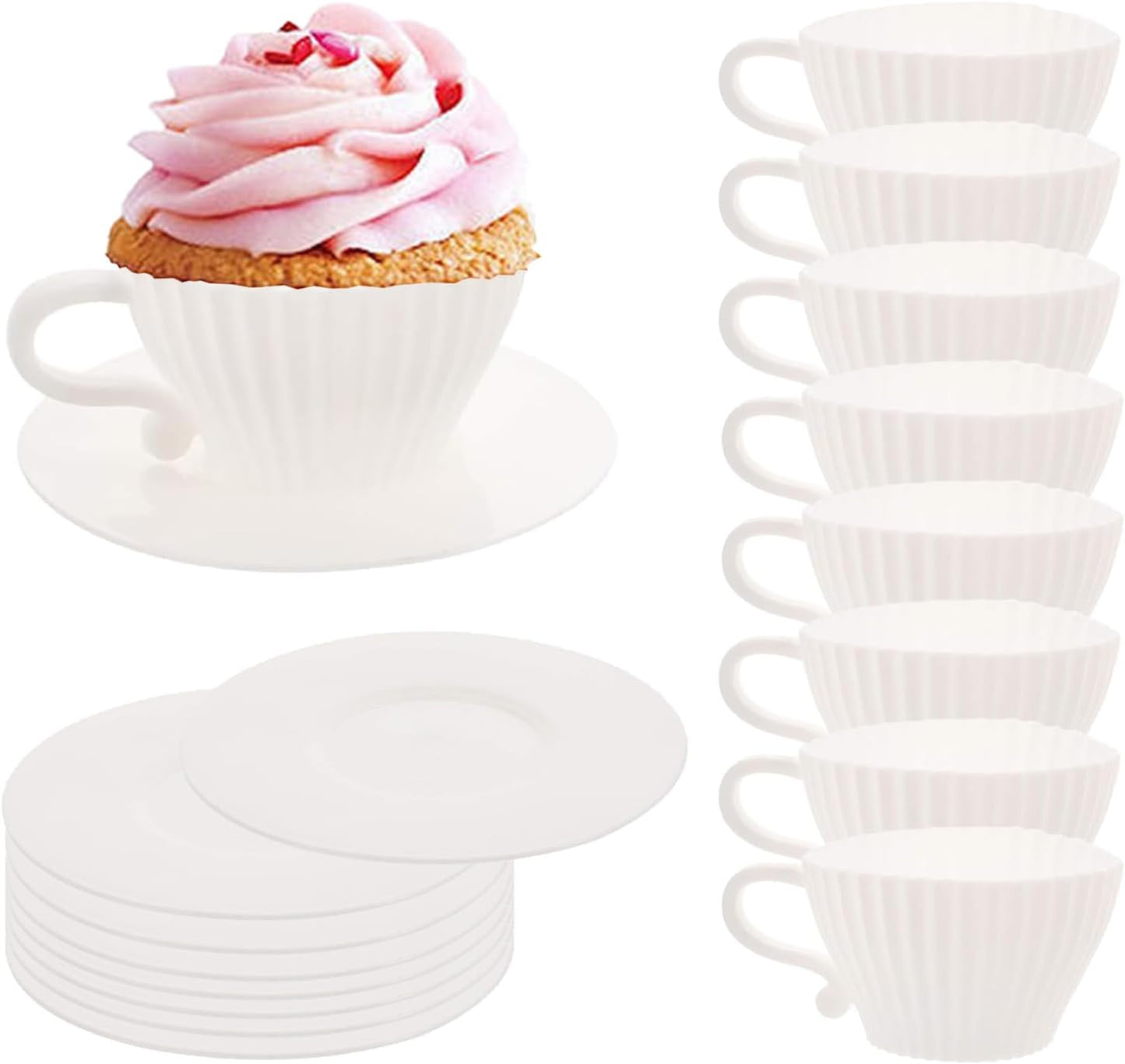 Silicone Cupcake Liners, 16 Pcs Silicone Muffin Cups for Baking, Reusable Muffin Liners, Teacup Cupcake Baking Cups, 8 Cups & 8 Saucers, Pink