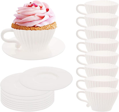 Silicone Cupcake Liners, 16 Pcs Silicone Muffin Cups for Baking, Reusable Muffin Liners, Teacup Cupcake Baking Cups, 8 Cups & 8 Saucers, Pink