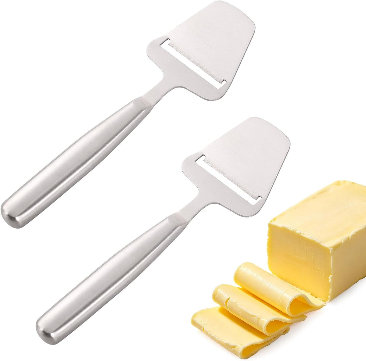 2pcs Stainless Steel Cheese Slicer, One-Piece Design Cheese Shaver Peeler Knife Plane, Multi-Functional Butter Cutter Tool for Block Cheeses Semi-Hard/Hard Butter Vegetables Kitchen Use