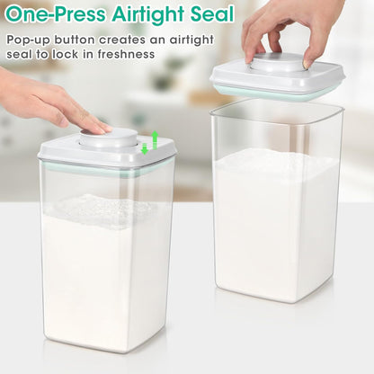 TBMax Large Airtight Food Container 5.28 Qt with Pop Up Lid & Measuring Cup, Ideal for 10 Lbs of Rice or 7 Lbs of Flour, Square Short Food Storage Bin for Kitchen Pantry and Drawer Organization