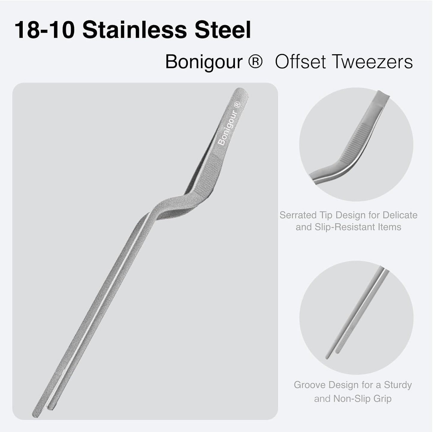 8 Inch Precision Offset Tweezers, Kitchen Culinary Stainless Steel Tongs, Curved Kitchen Cooking Multi-function Chef Precision Tweezer Tongs for Plating, Food Decorating and ect (Black)