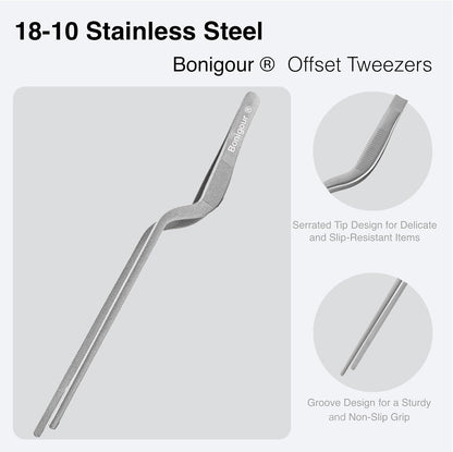 8 Inch Precision Offset Tweezers, Kitchen Culinary Stainless Steel Tongs, Curved Kitchen Cooking Multi-function Chef Precision Tweezer Tongs for Plating, Food Decorating and ect (Black)