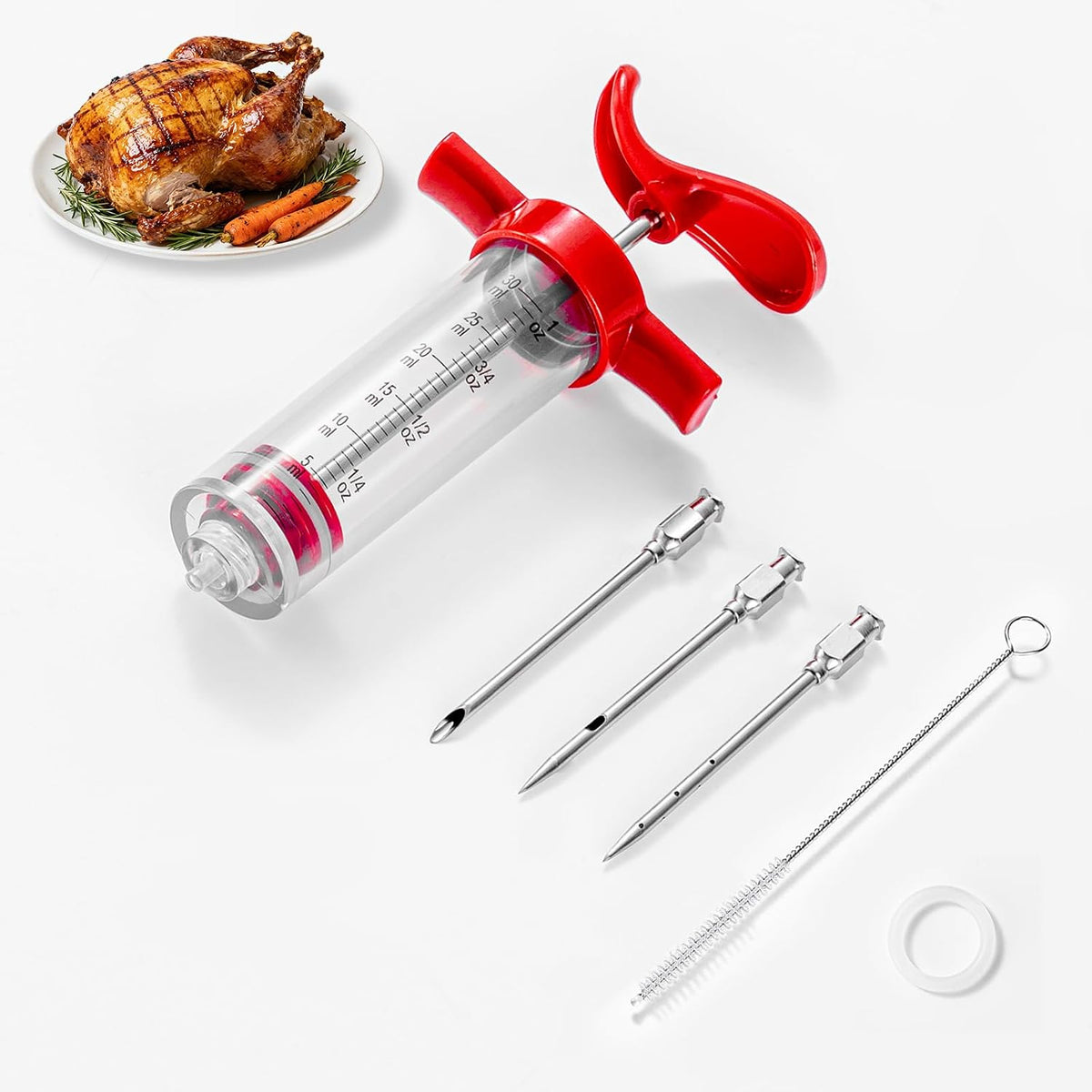 Meat Butter Injector Syringe, 1-oz Plastic Marinade Turkey Injector Kit, with 3 Stainless Steel Meat Needles, 1 Cleaning Brush and Replacement O Ring, Dual Scale (ml/oz), for Turkey, BBQ Grill Smoker